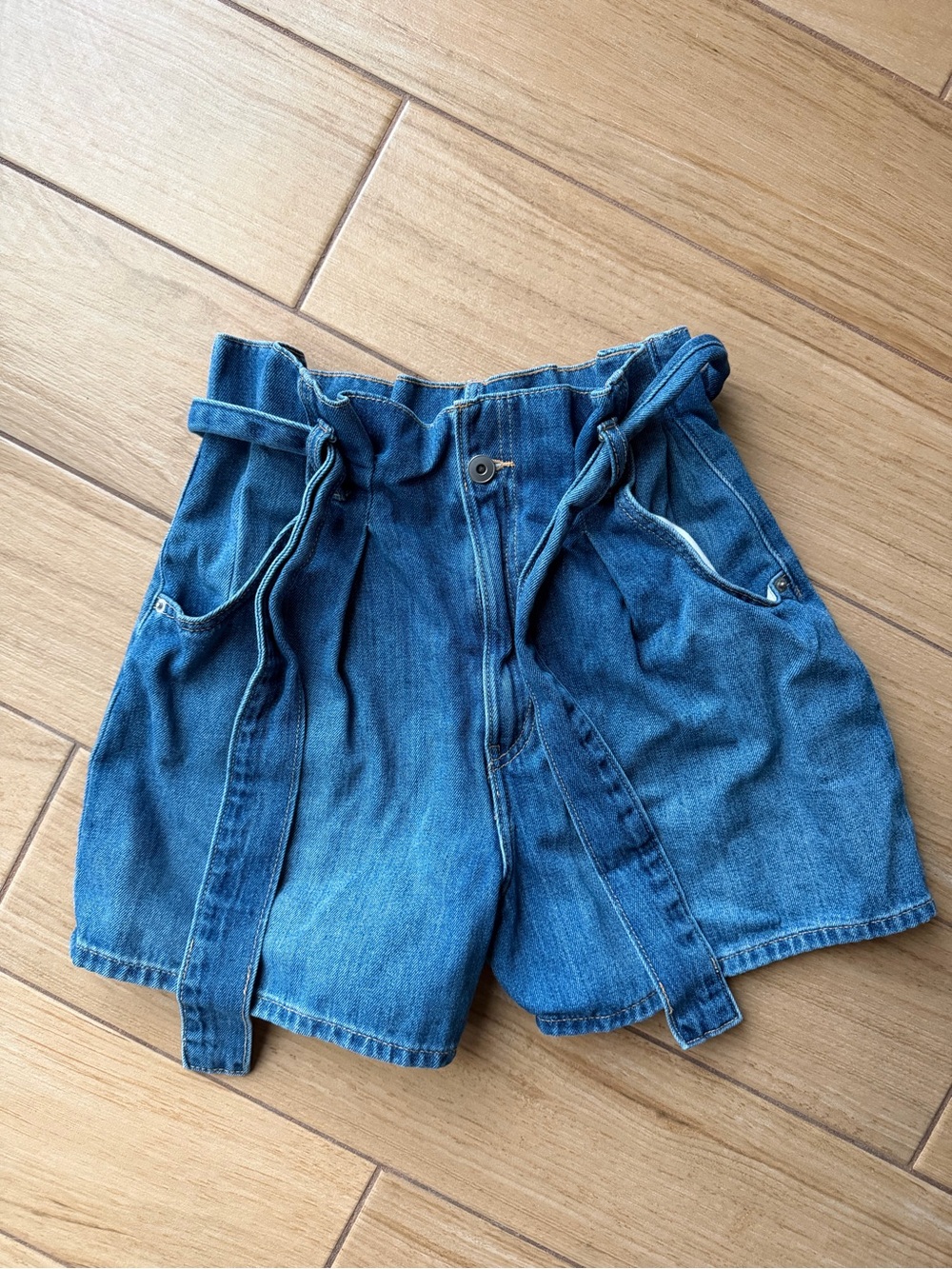 Zara Blue High-Waist Paperbag Denim Shorts with Tie